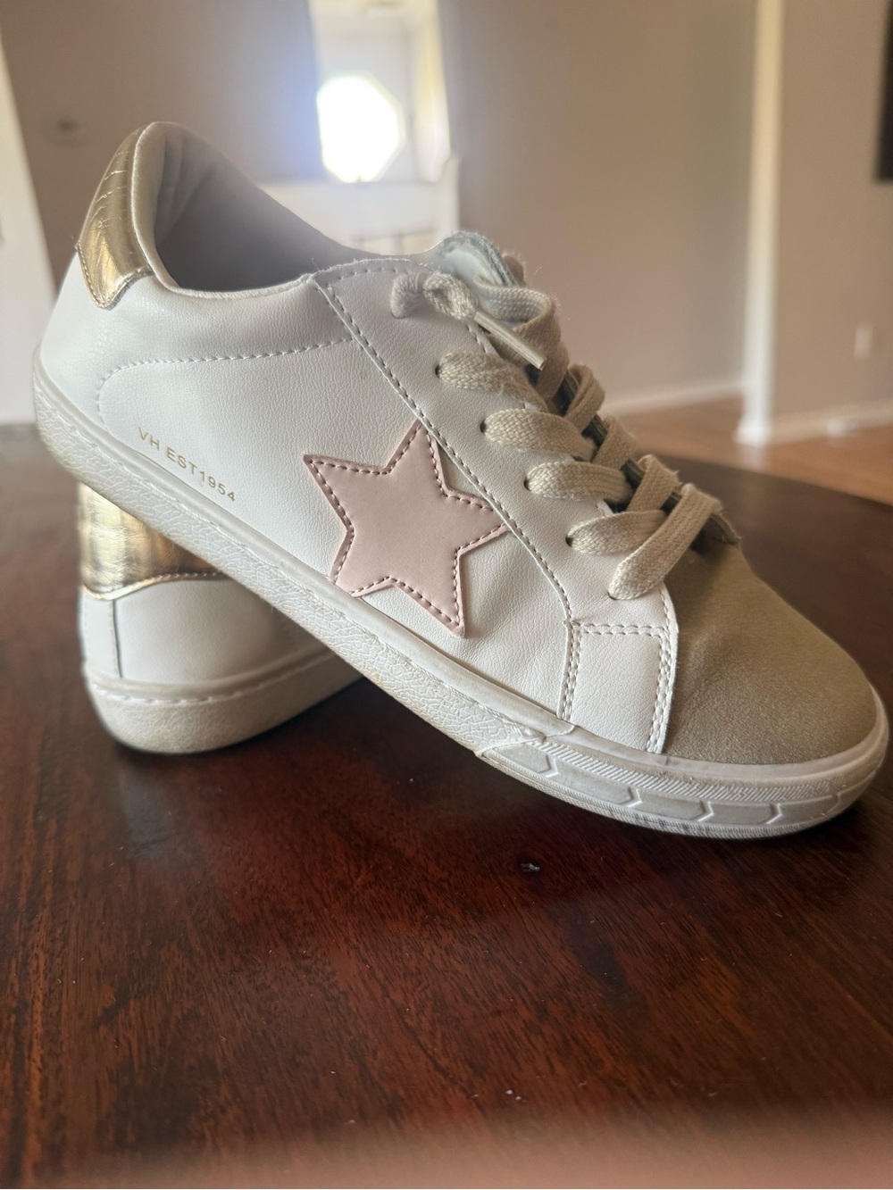 VHNY White Sneakers with Pale Pink Star & Gold Heel